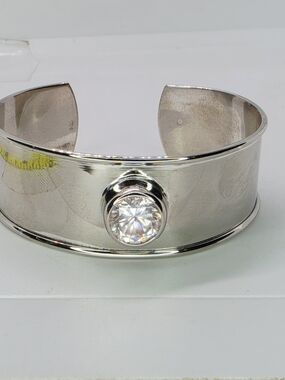 Vtg 925 Italy Wide Sterling Silver Cuff Bracelet Bezel Set Round CZ Modernist